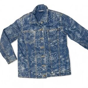 Artistic Floral Jean Jacket Embroidered Denim Statement Piece Chicos Artsy Boho